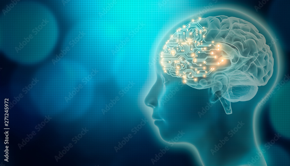 PCB brain with 3d render human head profile. Artificial intelligence or AI concepts. Futuristic or advanced science and technology mixed media illustration. PCB brain with 3d render human head profile. Artificial intelligence or AI concepts. Futuristic or advanced science and technology mixed media illustration.