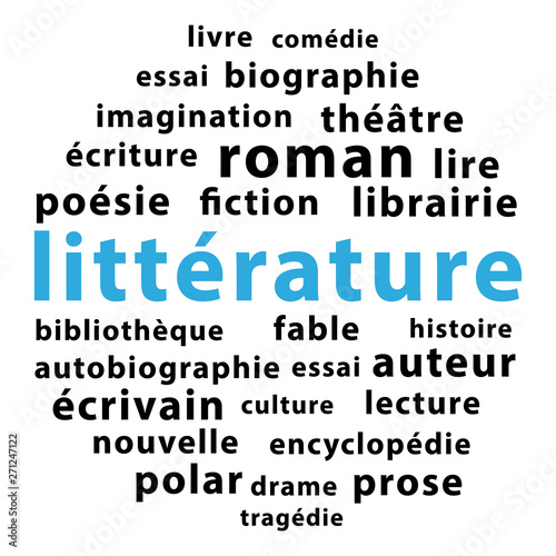 Littérature. Nuage de mots bleus et noirs en français. photo