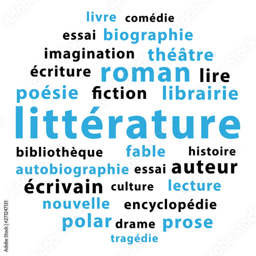 Littérature. Nuage de mots bleus et noirs II en français.