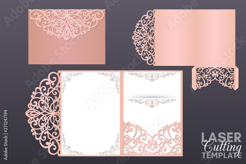 Laser cut wedding invitation Tri fold envelope template vector. Suitable for greeting cards, invitations, menus.