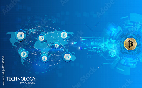 Bitcoin Abstract technology background. concept earth map and line on blue background.