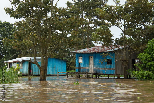 Wooden huts at Amazonas river near Leticia in Colombia