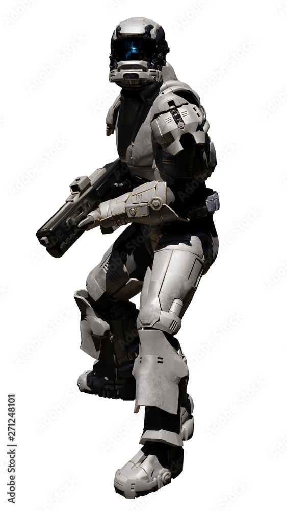 Science fiction of a futuristic sci-fi space marine trooper with heavy rifle turning around ready to attack, 3d digitally rendered illustration
