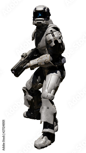 Science fiction of a futuristic sci-fi space marine trooper with heavy rifle turning around ready to attack, 3d digitally rendered illustration