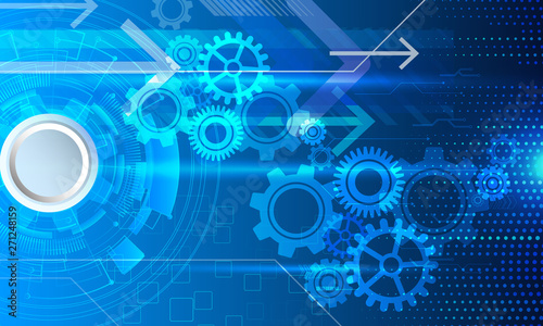 Vector illustration white gear and tree cog wheel on circuit board, Hi-tech digital technology and engineering,