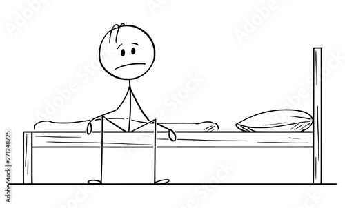Vector cartoon stick figure drawing conceptual illustration of sad or depressed man siting alone on bed in bedroom and thinking.
