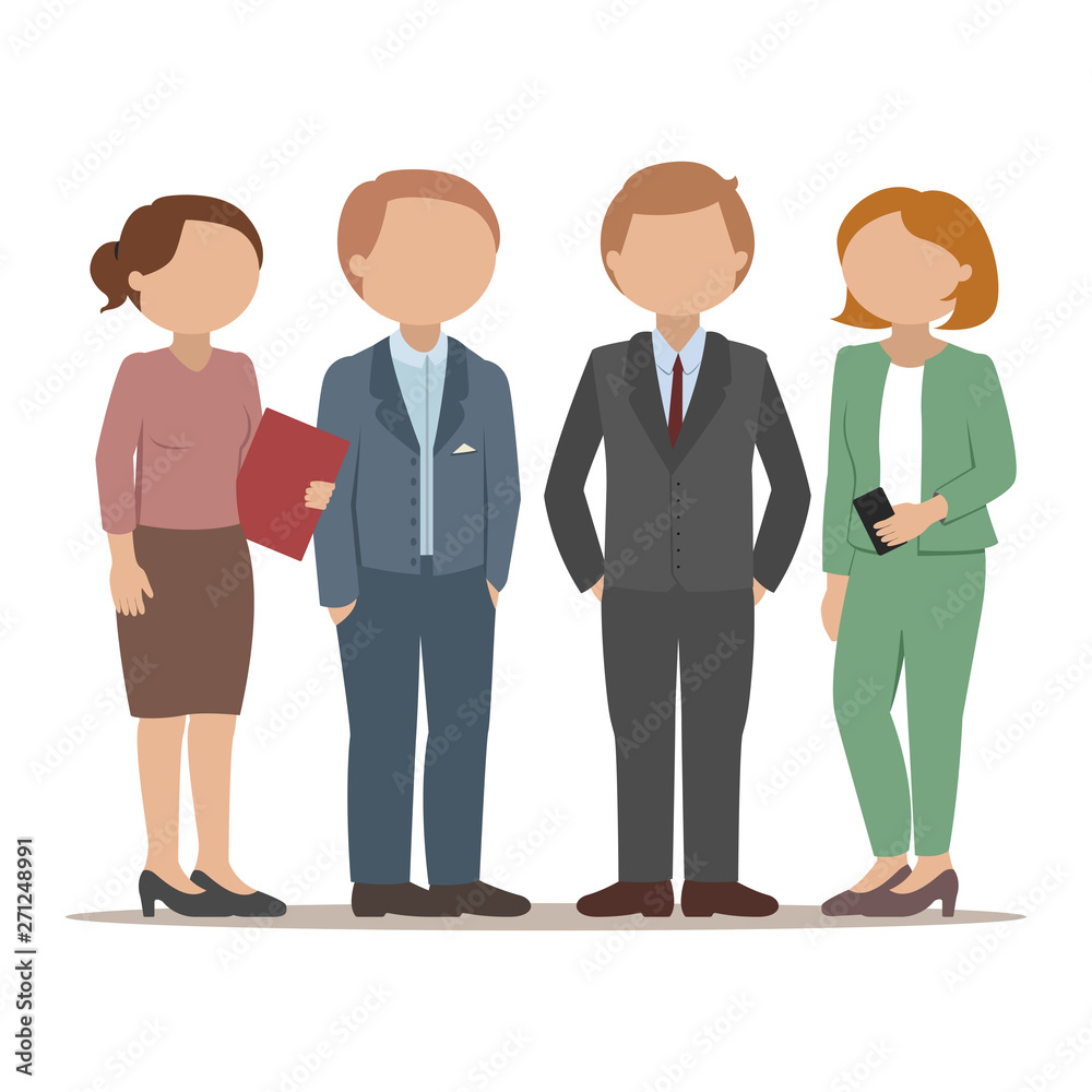 Office employees standing and discussing. Teamwork. Vector illustration.