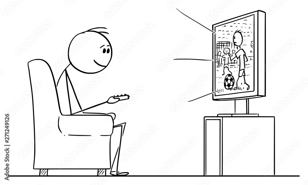 Vector cartoon stick figure drawing conceptual illustration of man sitting in armchair and enjoying watching football or soccer sport game on TV or television. Vector cartoon stick figure drawing conceptual illustration of man sitting in armchair and enjoying watching football or soccer sport game on TV or television.