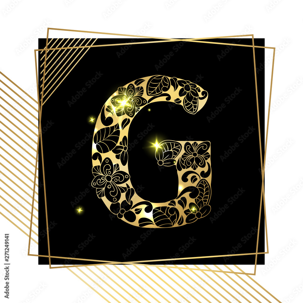 Golden Floral Ornamental Alphabet, Initial Letter G Font with Modern ...
