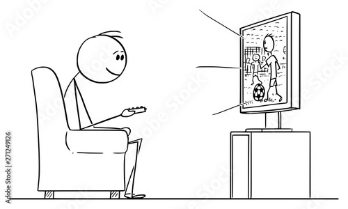 Vector cartoon stick figure drawing conceptual illustration of man sitting in armchair and enjoying watching football or soccer sport game on TV or television.