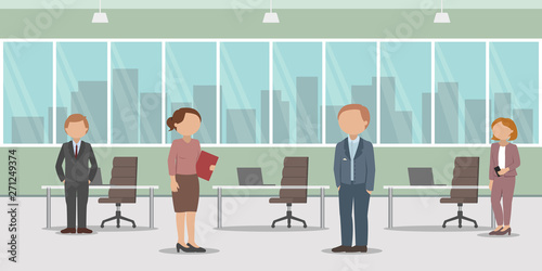 Employees standing in office room. Vector illustration.