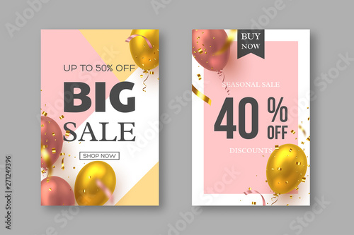 Big seasonal sale posters with realistic 3d air balloons and confetti. Special offer festive discount template in golden and pink colors. Vector illustration.