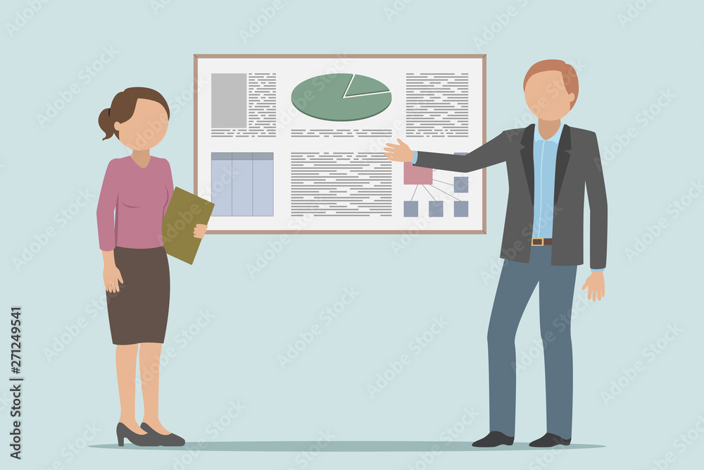 Fototapeta premium Caucasian man and woman giving business presentation. Vector illustration.