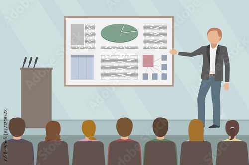 Caucasian man giving business presentation in conference room. Vector illustration.
