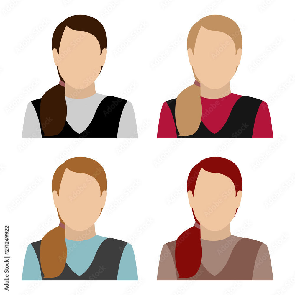 Caucasian woman with hair tail. Set of abstract female avatars. Vector. Caucasian woman with hair tail. Set of abstract female avatars. Vector.