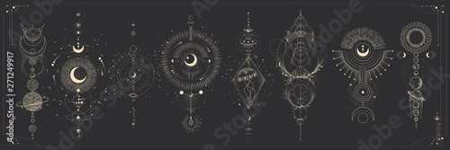 Vector illustration set of moon phases. Different stages of moonlight activity in vintage engraving style. Zodiac Signs © chikovnaya
