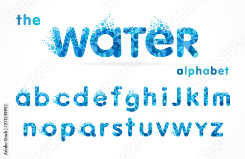 Water drops font, funny blue alphabet, letters and waves. Mineral natural water vector abc icon design 