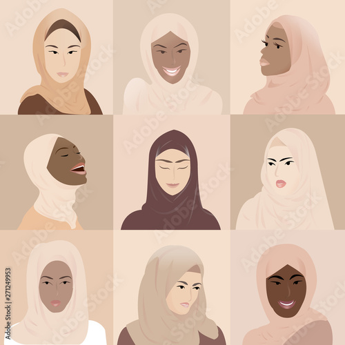 Female faces Cute Muslim Avatar Icons Set