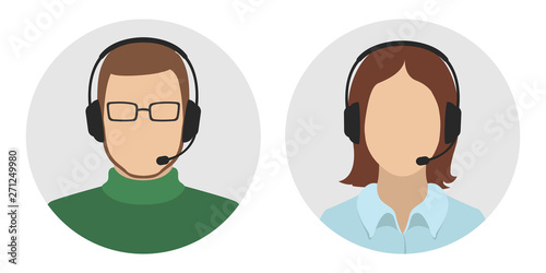Technical support officers. Man and woman in headsets. Vector icon.