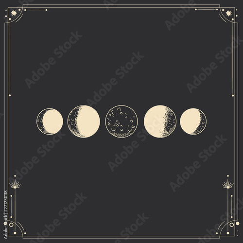 Vector illustration set of moon phases. Different stages of moonlight activity in vintage engraving style. Zodiac Signs