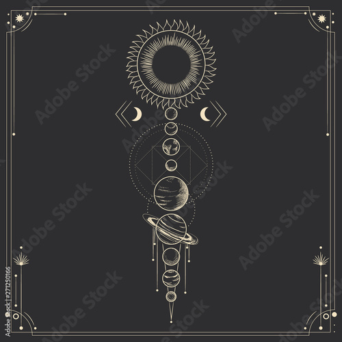 Vector illustration set of moon phases. Different stages of moonlight activity in vintage engraving style. Zodiac Signs
