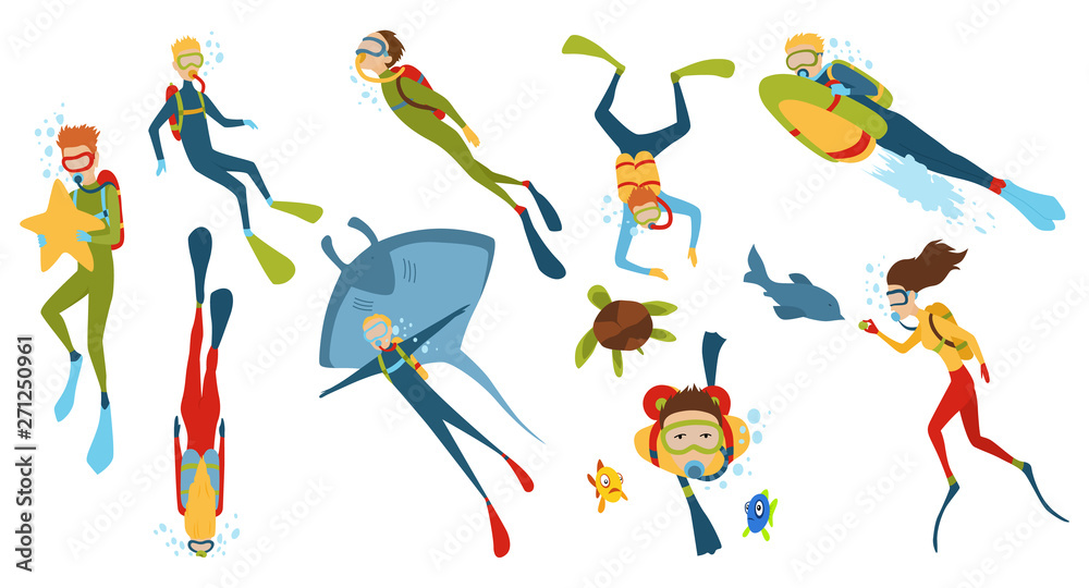 Set of cartoon characters. Underwater divers man and woman with snorkel and mask, vector illustration. Set of cartoon characters. Underwater divers man and woman with snorkel and mask, vector illustration.