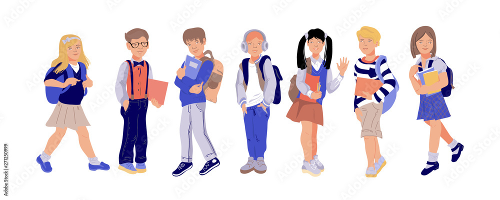 School  children or pupils in the school uniform going to school flat vector illustration isolated on white background. Back to school autumn season concept for educational projects. 