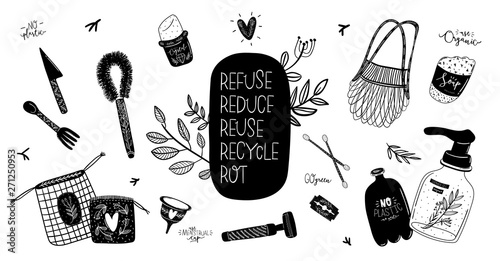 Zero waste life set. Glass jar and cutlery, eco grocery bag, toothbrush, natural cosmetic, menstrual cup, thermo mug. Vector. Trendy hand drawn black and white illustration in scandinavian style. 