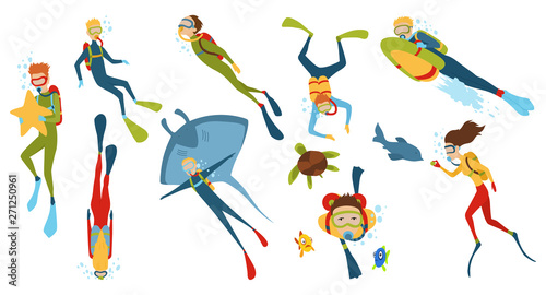 Set of cartoon characters. Underwater divers man and woman with snorkel and mask, vector illustration.