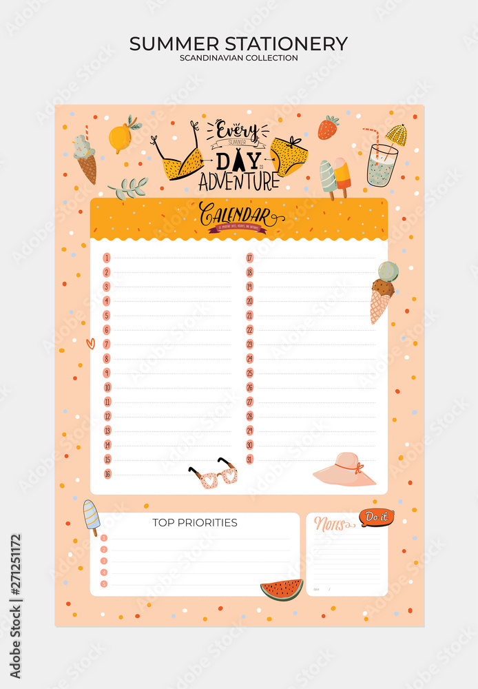 Set of weekly planners and to do lists with cute summer illustrations and trendy lettering. Template for agenda, planners, check lists, and other kids stationery. Isolated. Vector