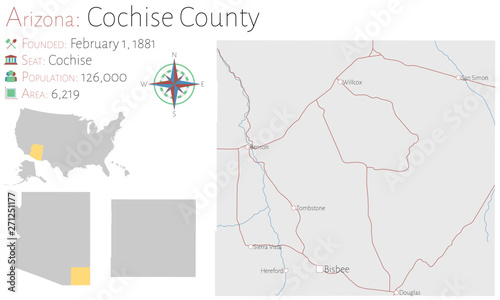 Large and detailed map of Cochise county in Arizone, USA photo