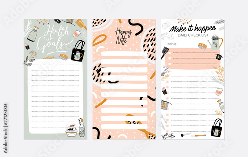 Set of weekly planners and to do lists with cute summer illustrations and trendy lettering. Template for agenda, planners, check lists, and other kids stationery. Isolated. Vector
