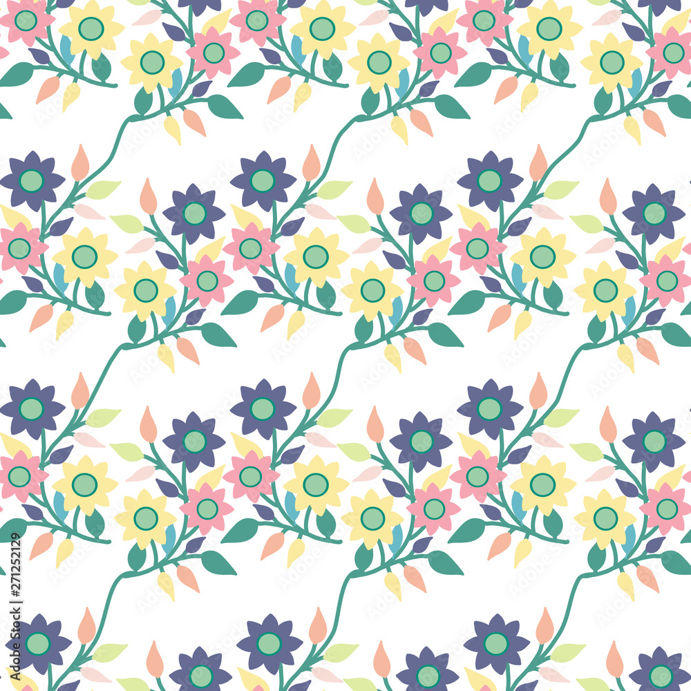 Flower composition, with colorful leaves, in a seamless pattern Flower composition, with colorful leaves, in a seamless pattern