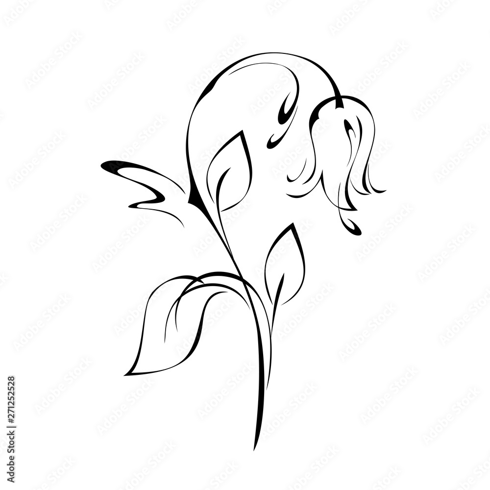 stylized sprig with one bell flower with leaves and curls in black lines on white background stylized sprig with one bell flower with leaves and curls in black lines on white background