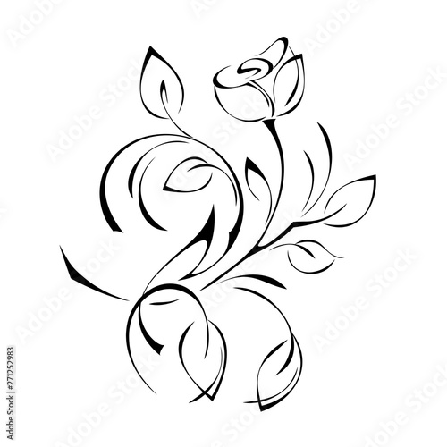 stylized twig with one rose Bud with leaves and curls in black lines on a white background