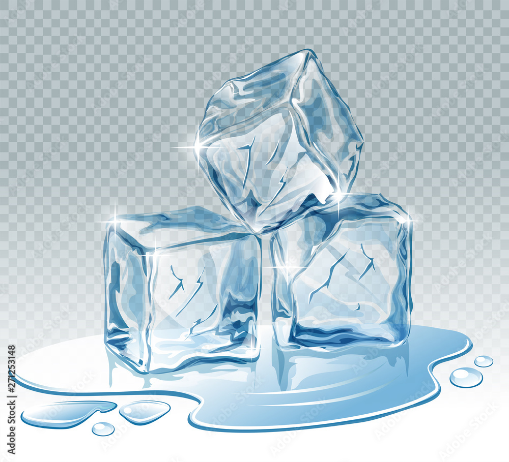 Transparent  blue vector ice cubes and water drops