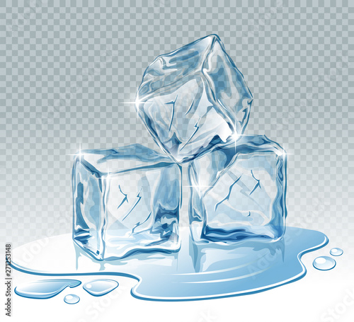 Transparent  blue vector ice cubes and water drops