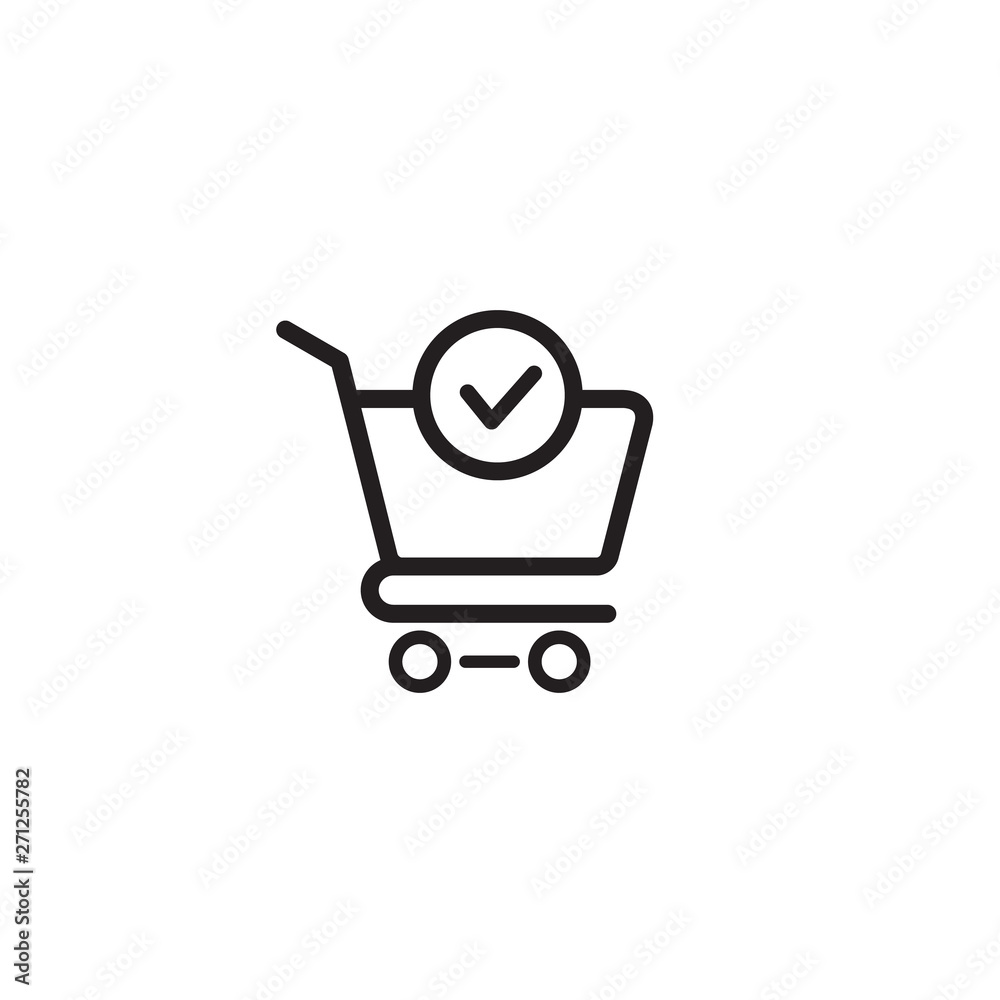 Shopping cart and check mark icon vector completed order, confirm flat sign symbols logo illustration isolated on white background black color. Concept design art for business online Marketing Shopping cart and check mark icon vector completed order, confirm flat sign symbols logo illustration isolated on white background black color. Concept design art for business online Marketing