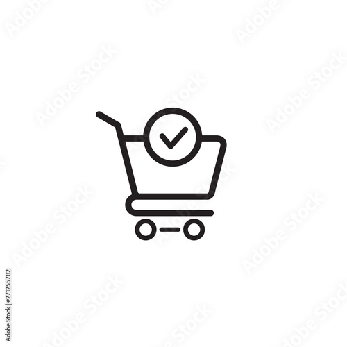 Shopping cart and check mark icon vector completed order, confirm flat sign symbols logo illustration isolated on white background black color. Concept design art for business online Marketing