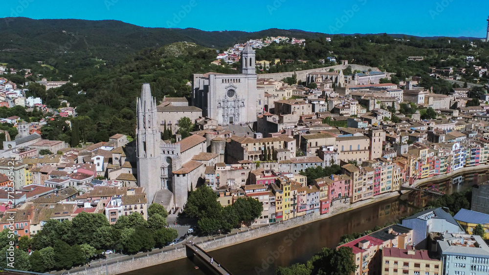 Aerial view in Girona, city of Catalonia,Spain. Drone Photo