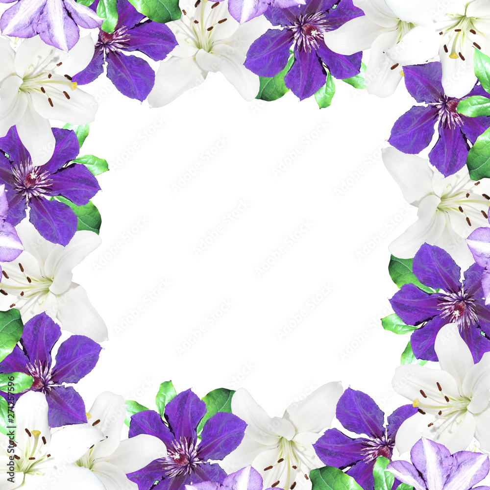 Beautiful floral background of lilies and clematis. Isolated Beautiful floral background of lilies and clematis. Isolated