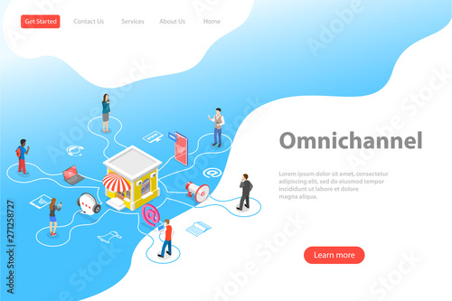 Valokuva Isometric flat vector landing page template of cross channel, omnichannel, several communication channels between seller and customer, digital marketing, online shopping