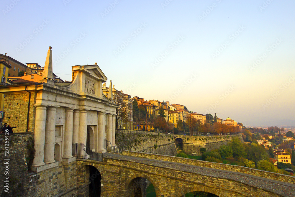 Fototapeta premium Old medieval town of Bergamo city gate San Giacomo built in the 17th century in white marble.