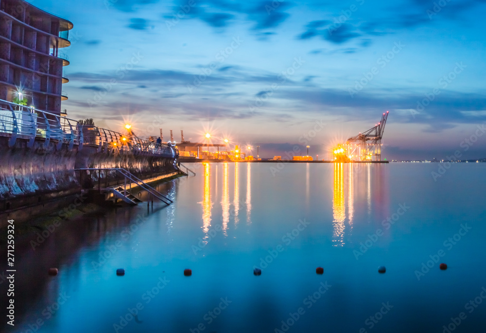 Night view of the container terminal. Commercial port, City Odessa, Ukraine, June 2019. Night Lights.