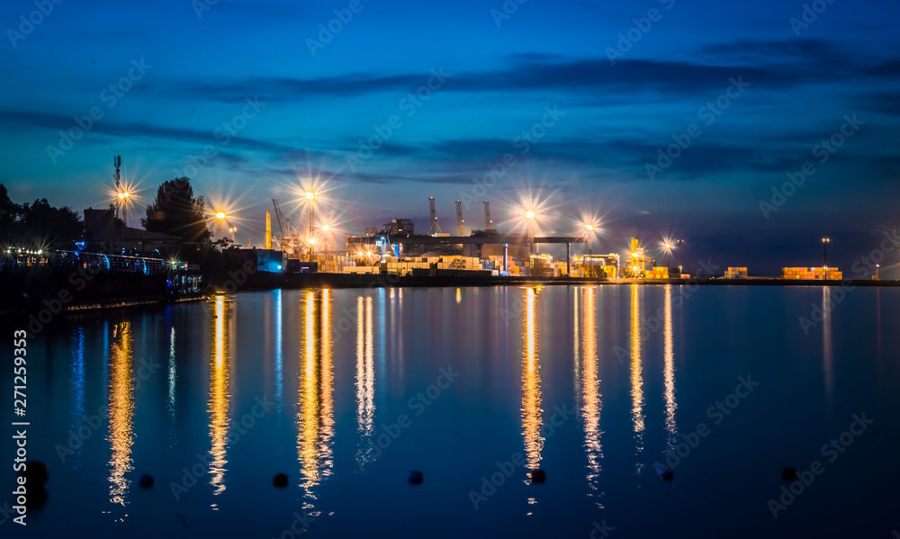 Night view of the container terminal. Commercial port, City Odessa, Ukraine, June 2019. Night Lights.