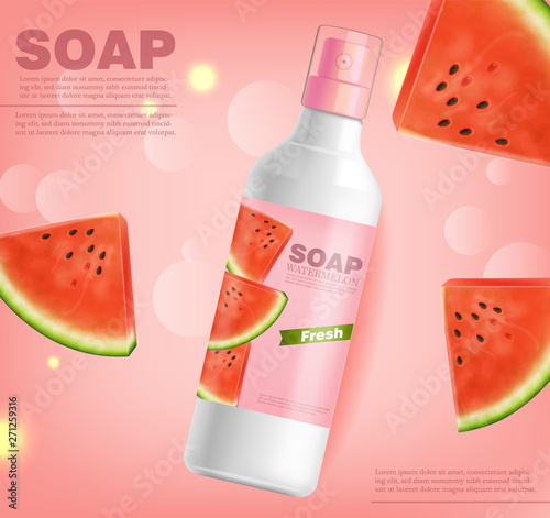 Soap or lotion watermelon flavor Vector realistic mock up. Product placement label design. Pink background. 3d illustrations
