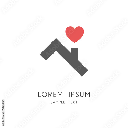Roof and heart logo - house or home with chimney and love symbol. Happy family, real estate and realty vector icon.