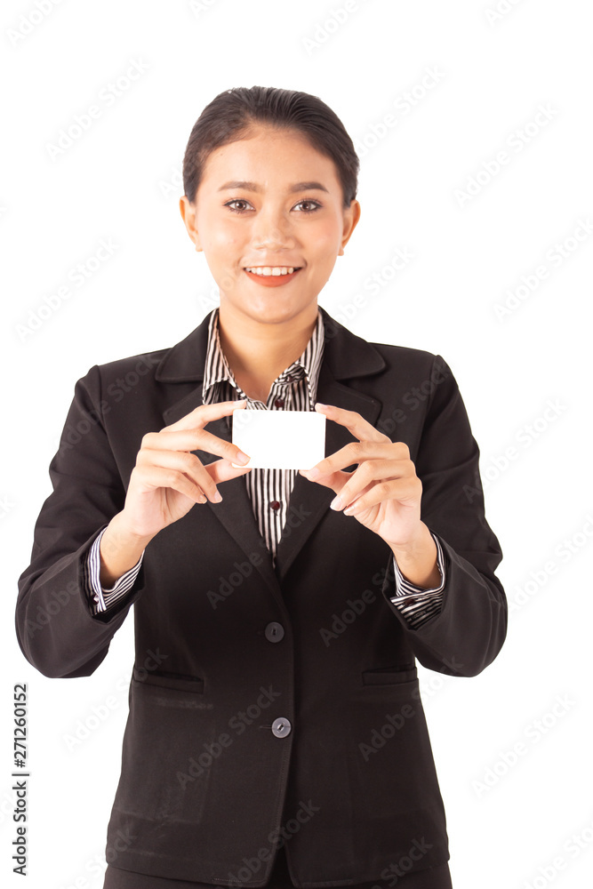 Portrait asian beauty business woman isolated white background.female holding blank card Portrait asian beauty business woman isolated white background.female holding blank card