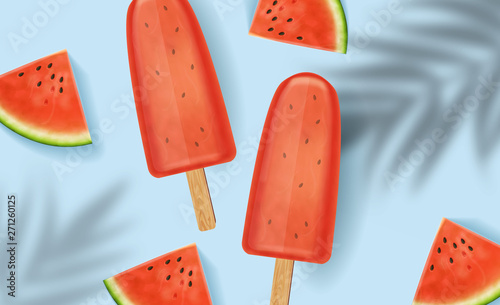 Watermelon ice cream Vector realistic. blue background. Organic natural desse...