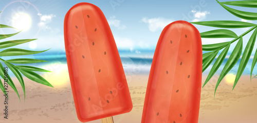 Watermelon ice cream Vector realistic. Tropic seaside background. Organic nat...